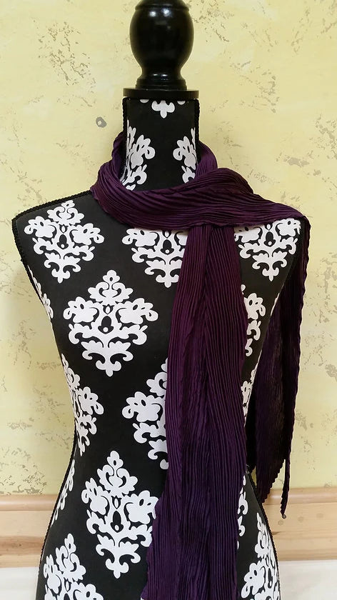 Shibori Pleated Silk Scarf – Eggplant – Handmade to Order