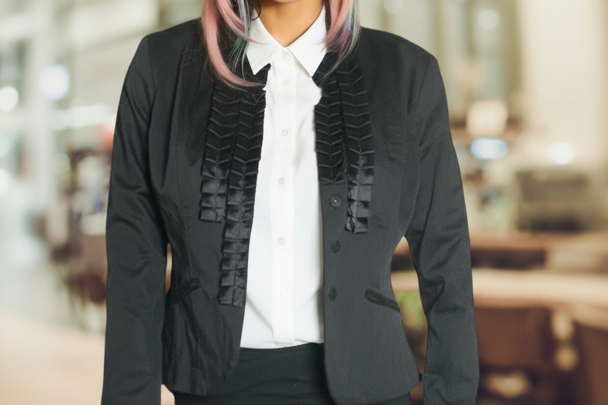 Person wearing a black blazer over a colorful graphic t-shirt with a blurred background