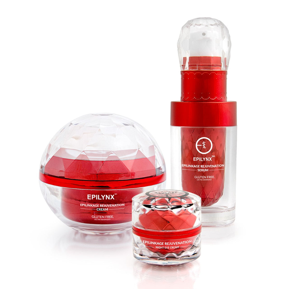 Epilynx skincare products including a serum, cream, and night cream on a white background