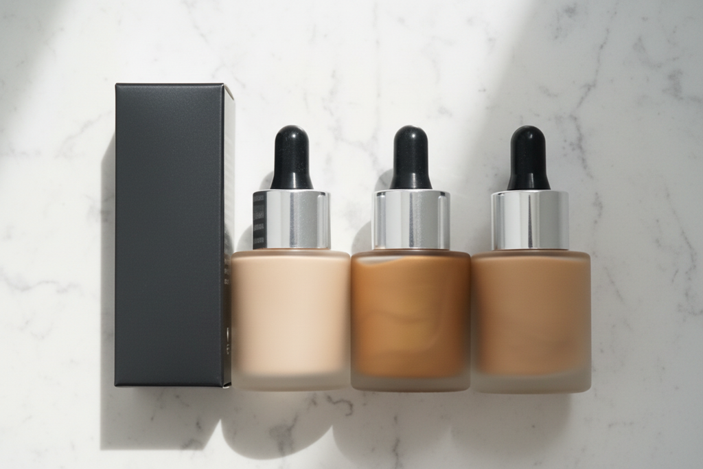 Three cosmetic bottles with droppers on a marble surface