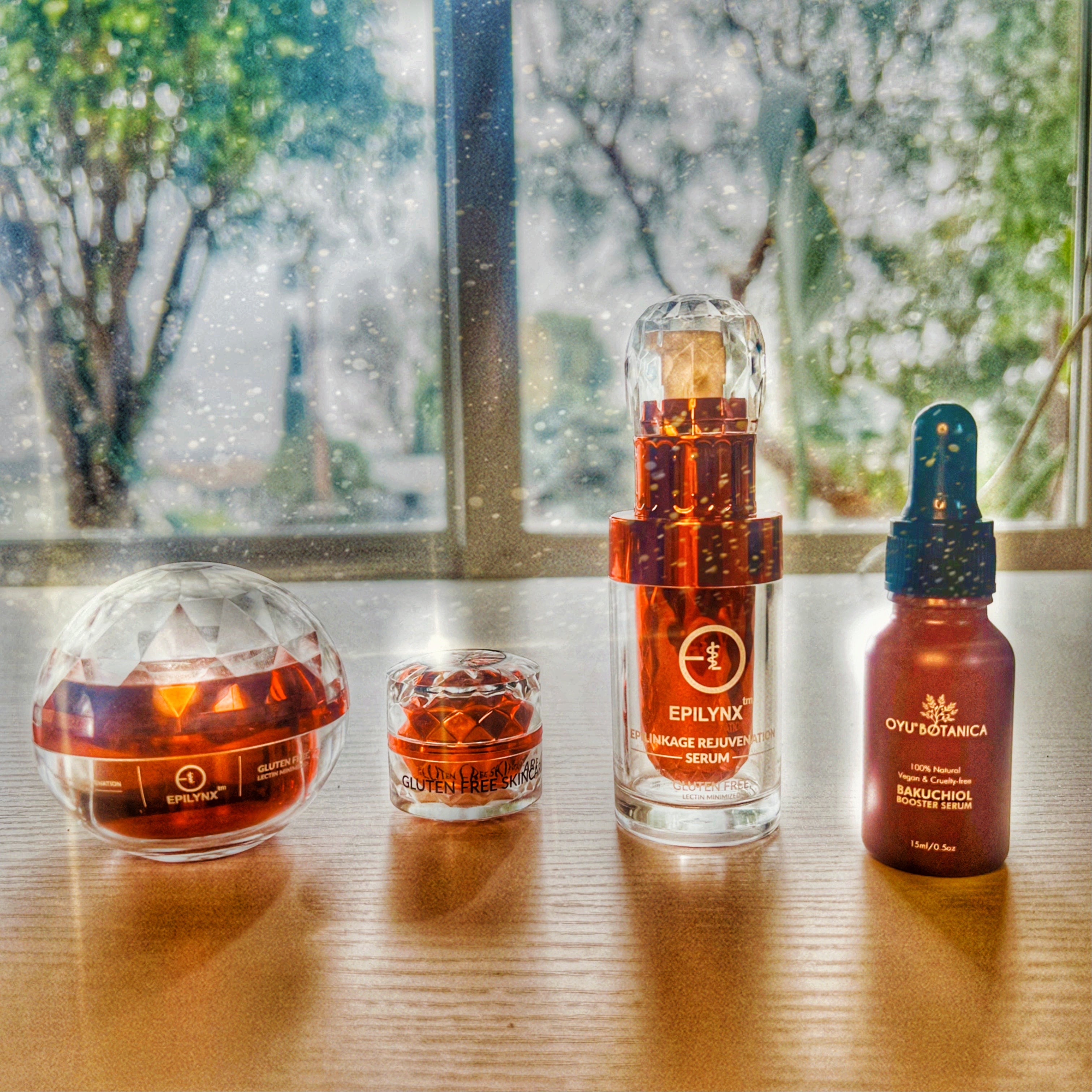 Collection of Epilynx skincare products on a wooden surface with a blurred outdoor background.