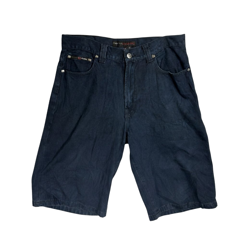 The FUBU Vintage Y2K Embroidered Pocket Dark Wash Denim Shorts