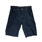 The FUBU Vintage Y2K Embroidered Pocket Dark Wash Denim Shorts