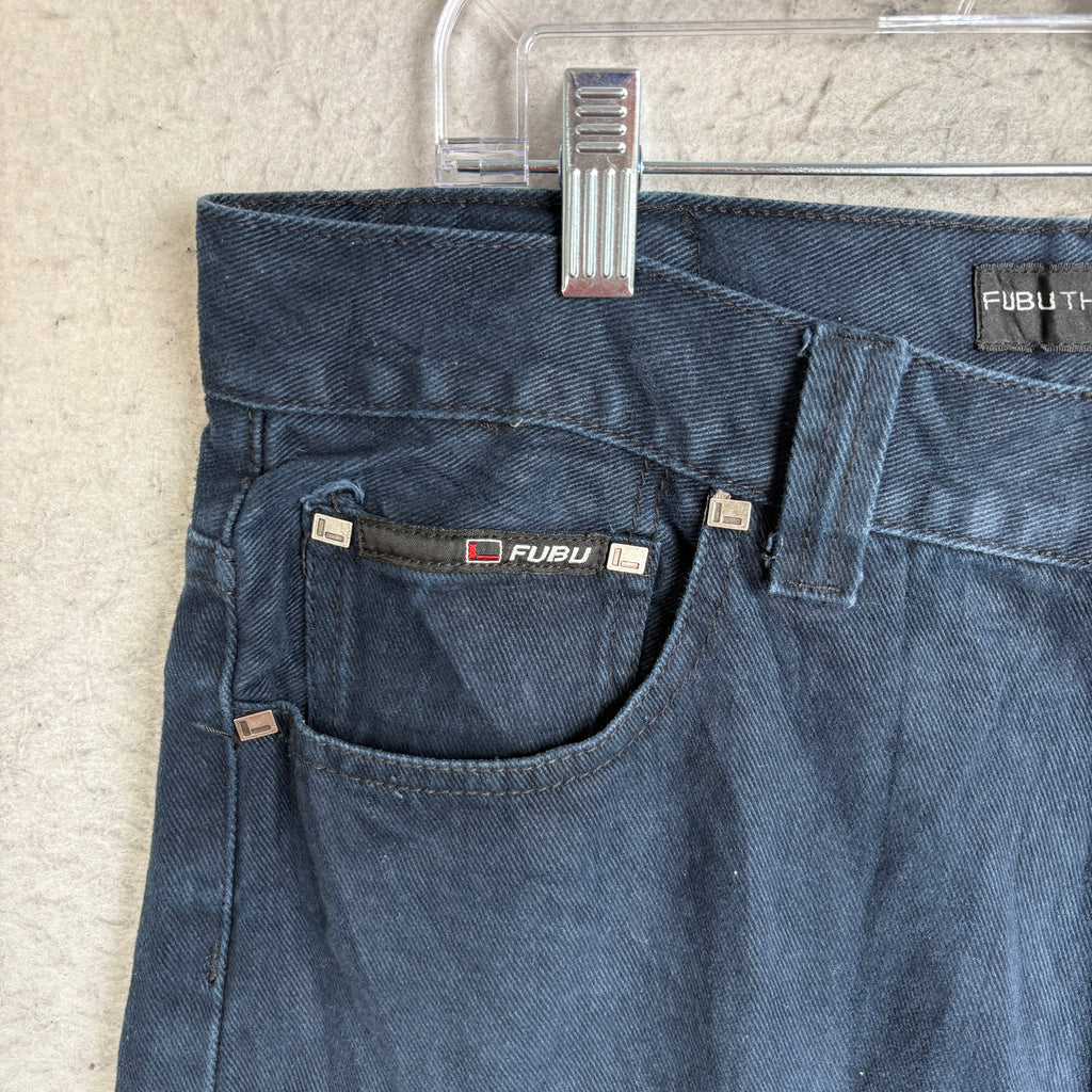 The FUBU Vintage Y2K Embroidered Pocket Dark Wash Denim Shorts