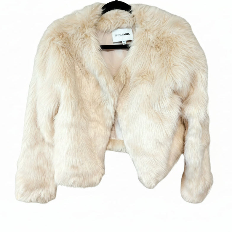 Beige faux fur jacket on a hanger with a visible brand label against a white background