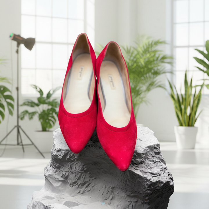 Red high-heeled shoes on a stone surface with a blurred indoor background