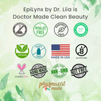 EpiLynx by Dr. Liia product line with various certification logos on a green background.