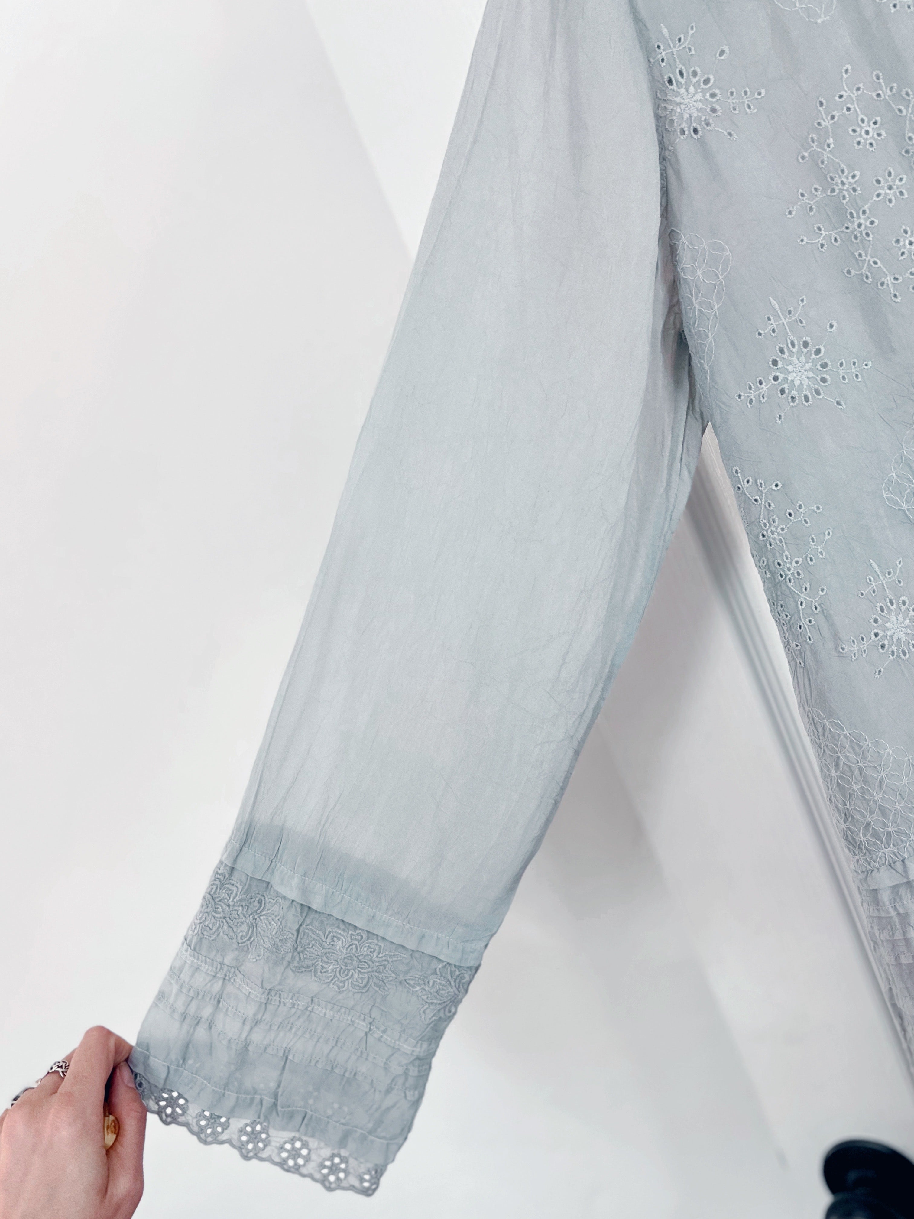 Front of Left Arm in the SHEER Johnny Was Gray Tunic