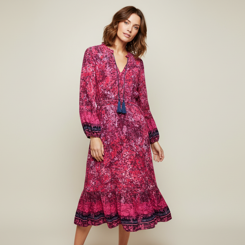 Person modeling the Frye + Co Pre-Loved Pink Floral Dress Size M