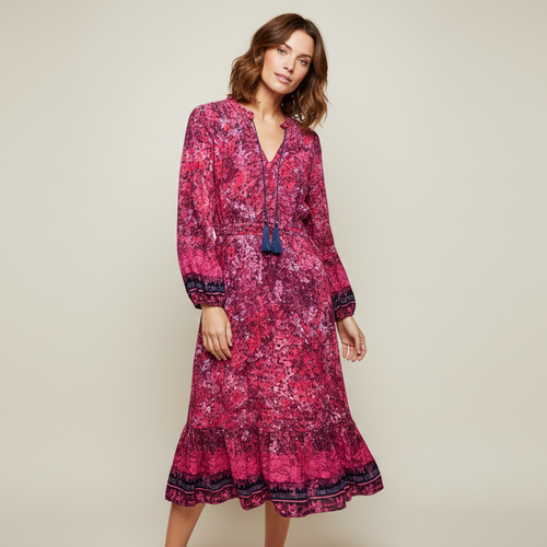 Person modeling the Frye + Co Pre-Loved Pink Floral Dress Size M