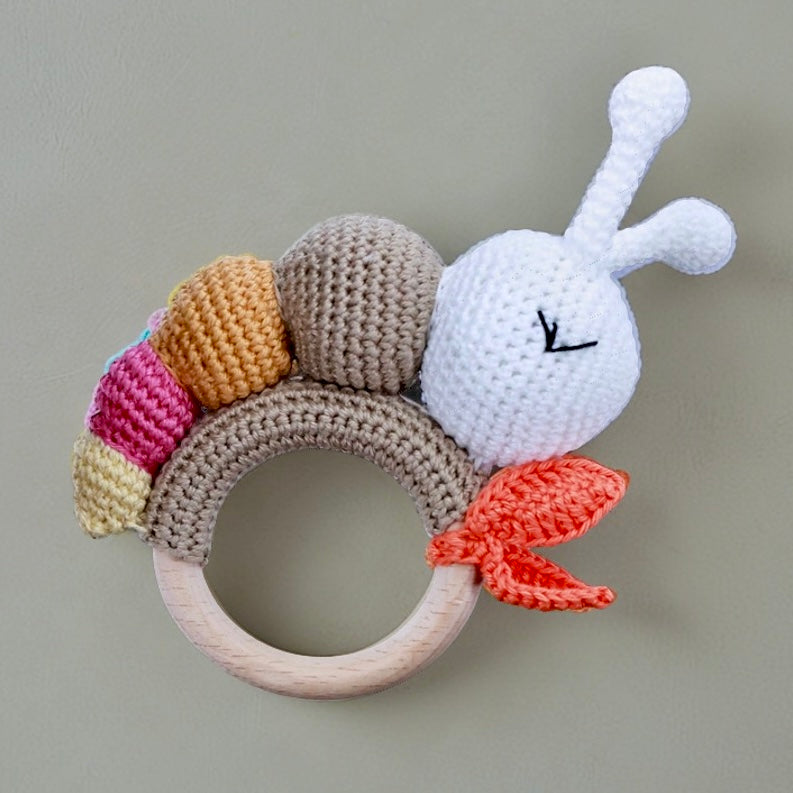Eco-Friendly Hand-Knitted Wooden Natural Teething Toy Soft Grip Ring Rattle for Babies - 3” Round (Catterpillar)