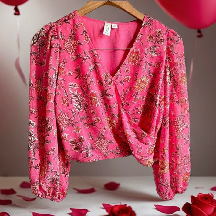 Joie Surplice Front Balloon Sleeve Blouse Top - Pink Floral