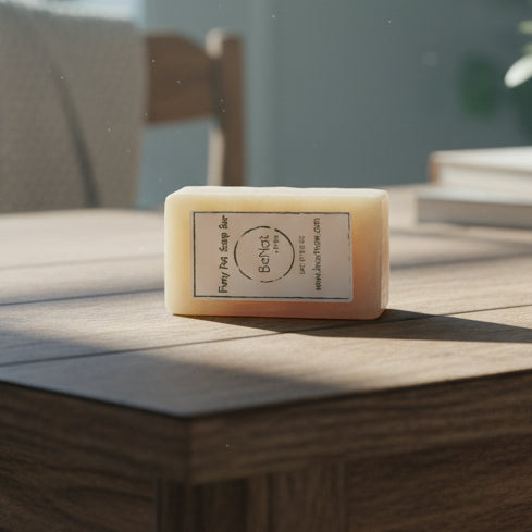 Beige soap bar with a label on a white background