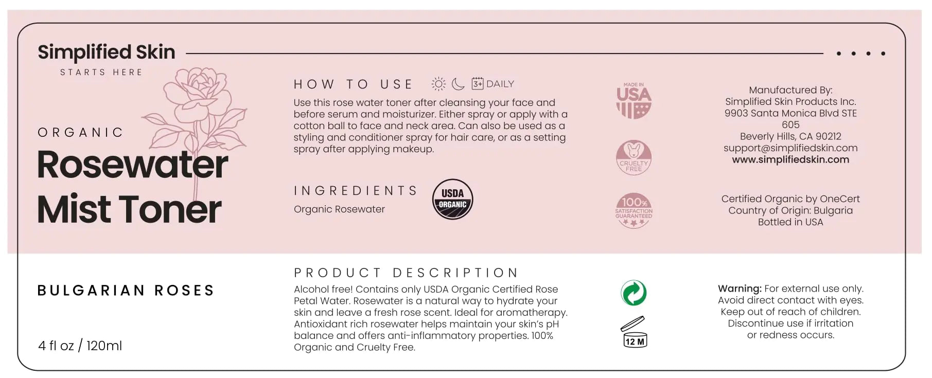 Organic Rose Water Spray - Multi-Purpose Hydrating Mist for Face, Body & Hair - 4 Oz