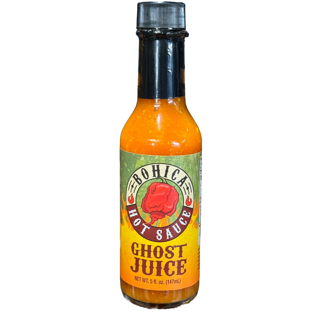Bottle of Bohica Ghost Juice hot sauce on a white background