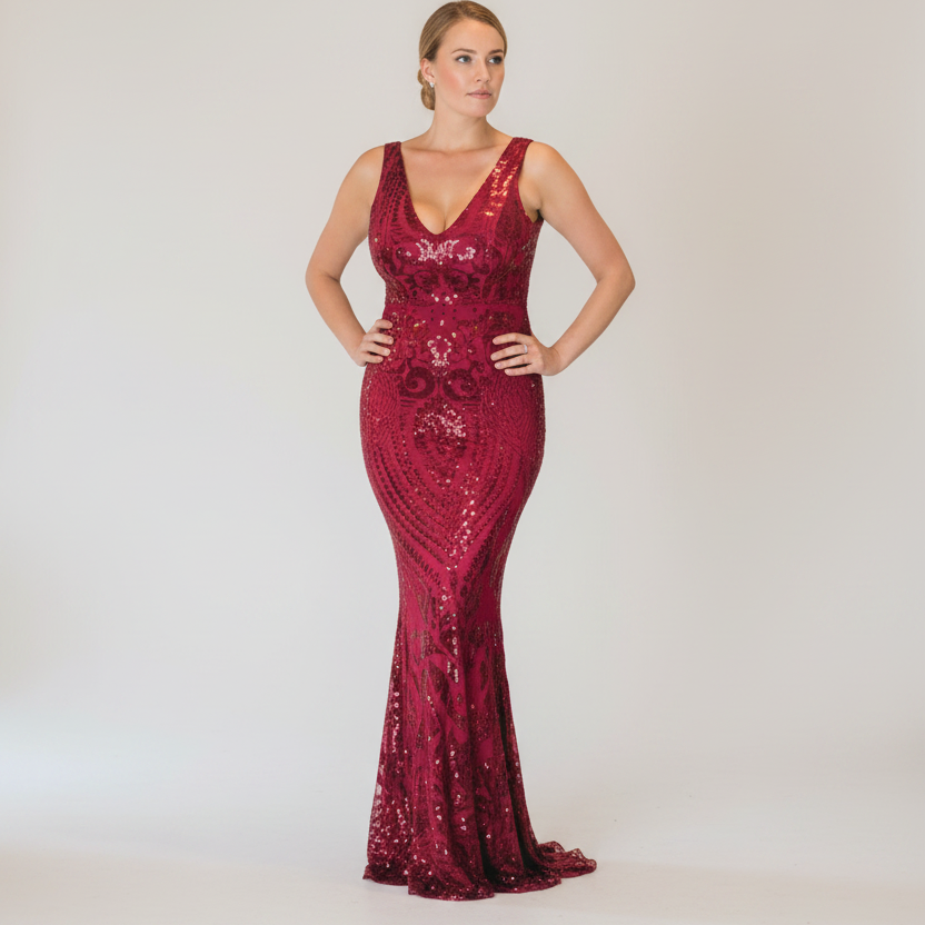 Woman wearing a red sequin evening gown on a plain background