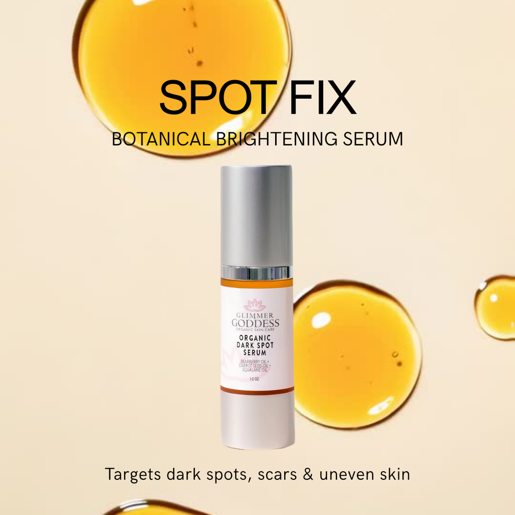 Glimmer Goddess Spot Fix Botanical Brightening Serum with honey droplets on a beige background