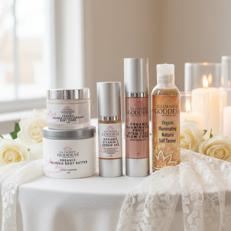 Set of Glimmer Goddess skincare products on a white background