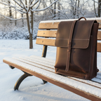 Brown leather bag on a snow-covered bench with a winter landscape.