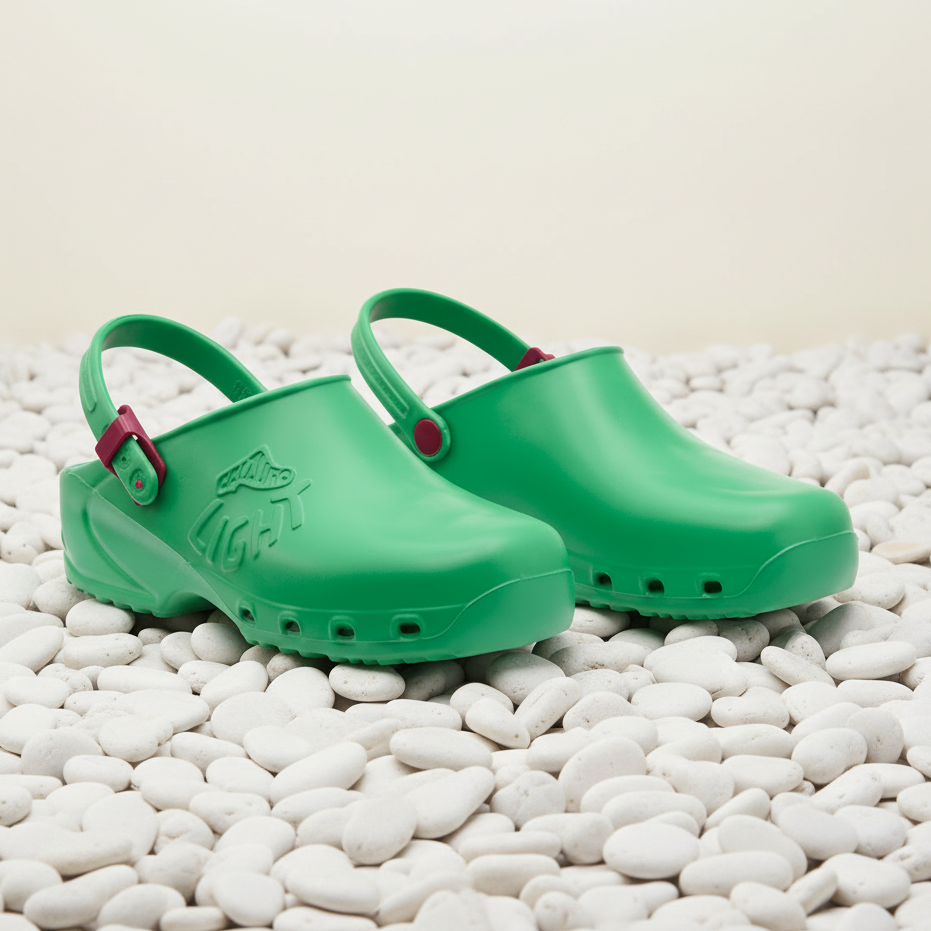 Pair of green clogs with red straps on a white background