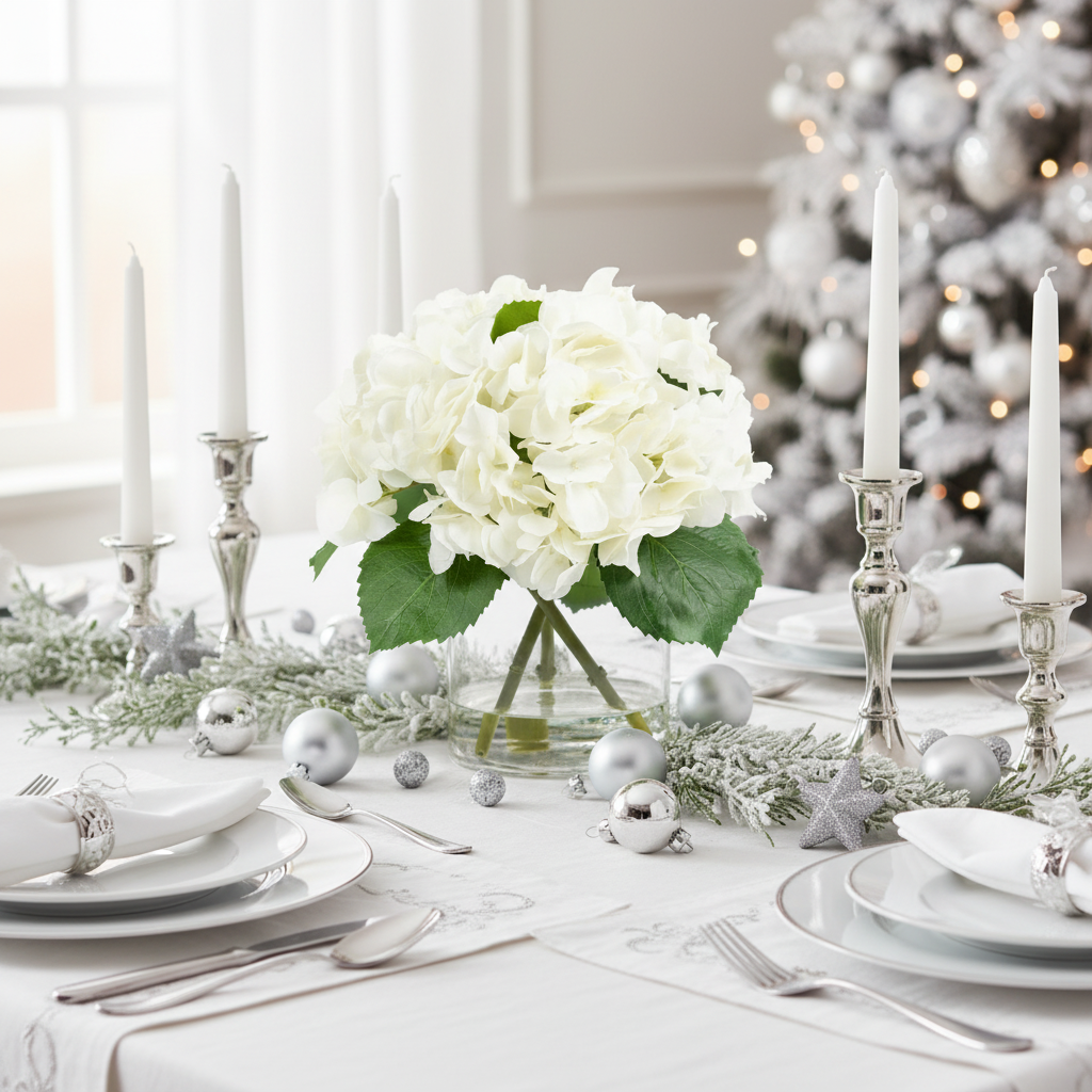 Faux Hydrangea Centerpiece Arrangement in Glass Vase