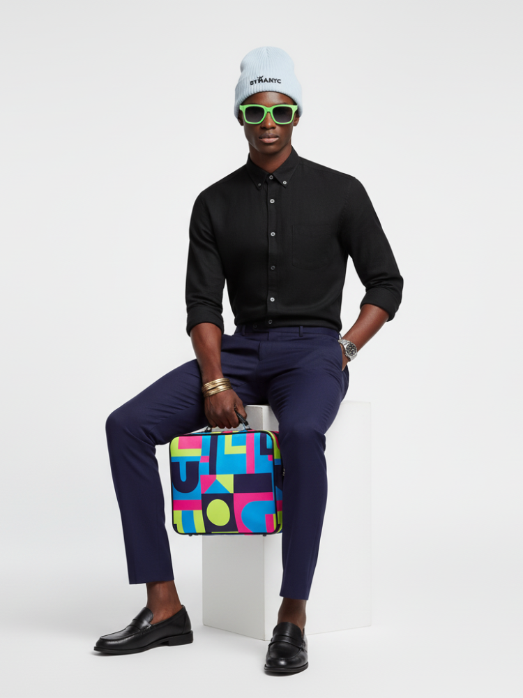 Man holding a colorful geometric-patterned bag against a white background