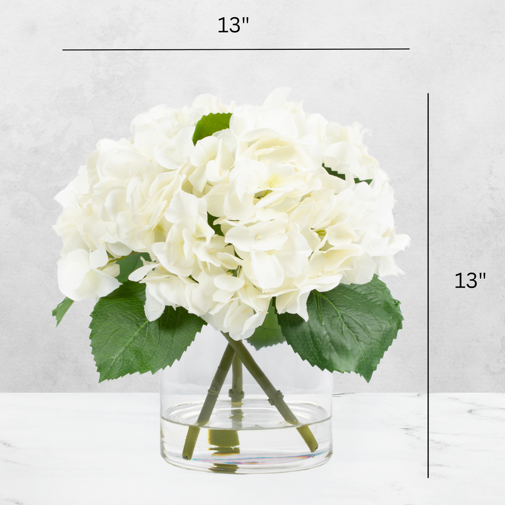 Faux hydrangea centerpiece arrangement in glass vase-1