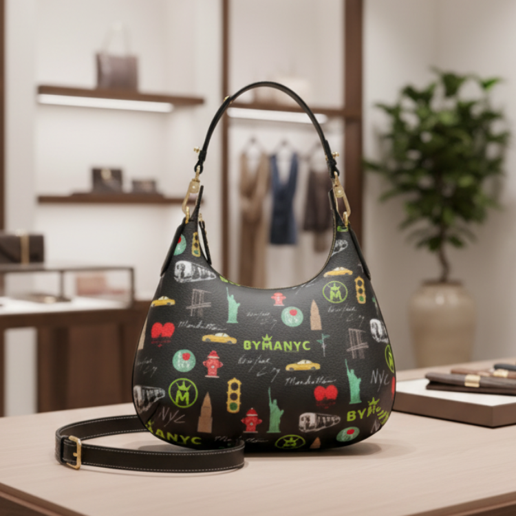 Handbag with colorful design on a table in an indoor setting