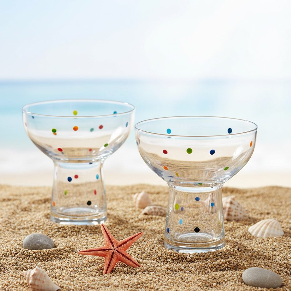 Two glass tumblers with colorful polka dots on a sandy beach with shells and a starfish.