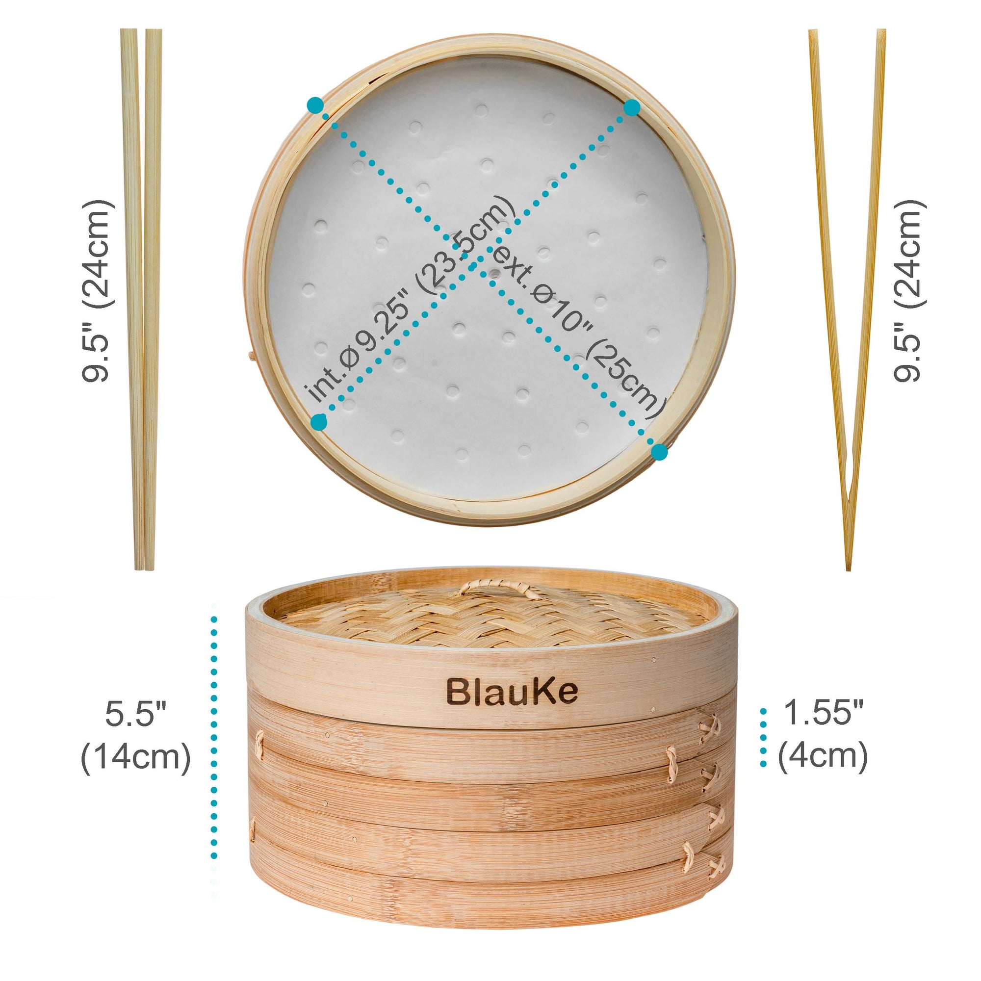 2-Tier Bamboo Steamer for Cooking Dumplings, Vegetables, Meat, Fish, Rice - Bamboo Steamer Basket 10 Inch with 2 Pairs Chopsticks, Tongs and 50 Paper Liners-4