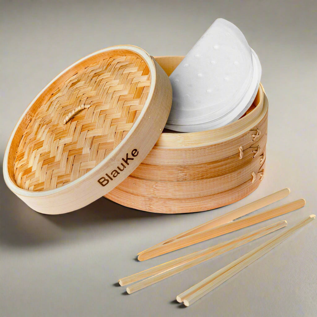 2-Tier Bamboo Steamer for Cooking Dumplings, Vegetables, Meat, Fish, Rice - Bamboo Steamer Basket 10 Inch with 2 Pairs Chopsticks, Tongs and 50 Paper Liners-0