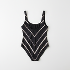 Black swimsuit with white pattern on a white background