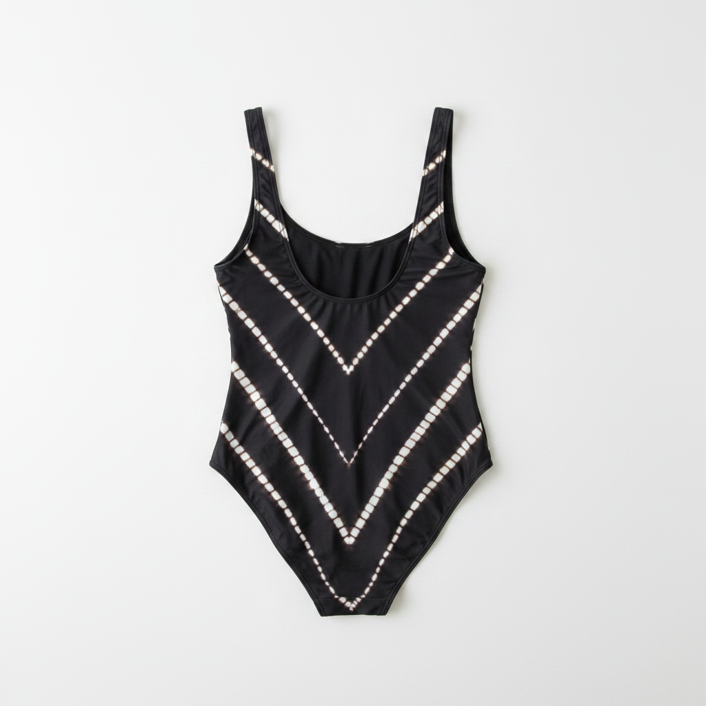 Black swimsuit with white pattern on a white background