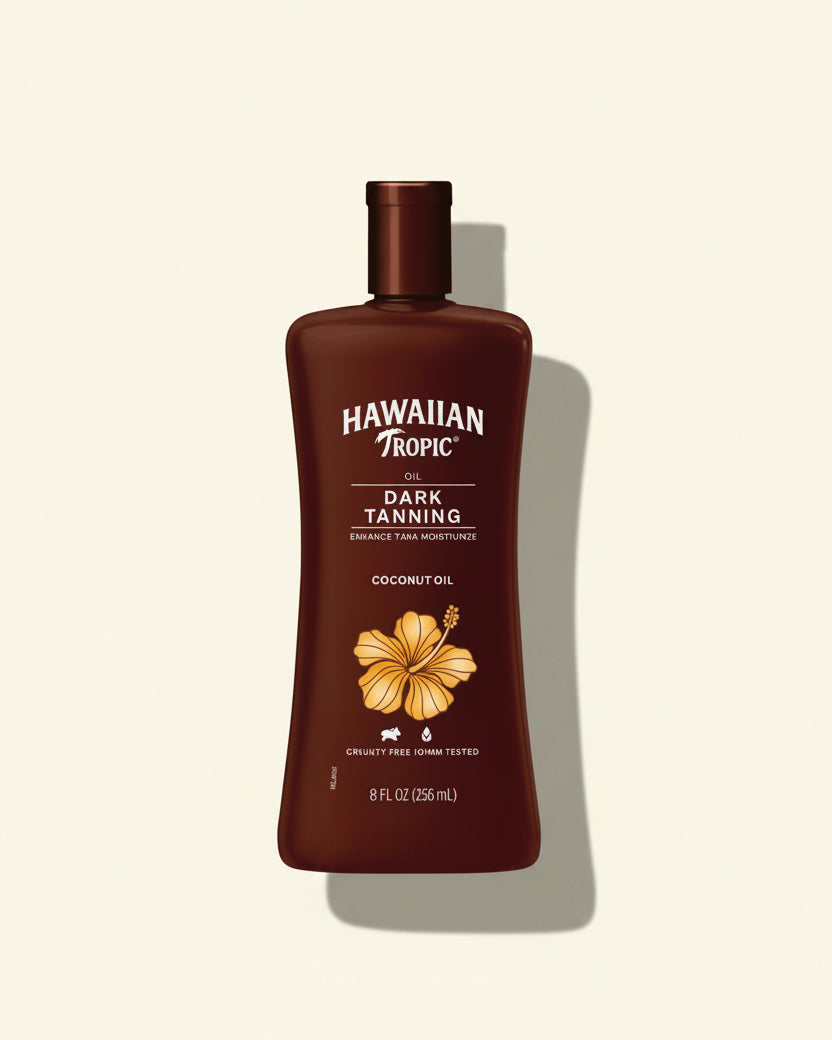 Hawaiian Tropic Dark Tanning oil bottle on a white background