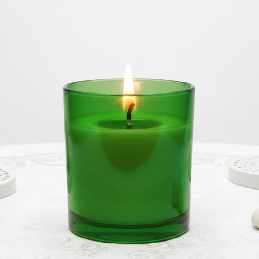 Green candle in a glass container on a white surface with a white background