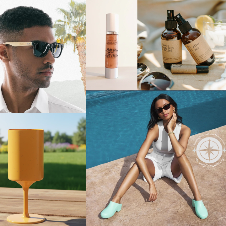 Collage of a woman in a blue dress, a man with sunglasses, skincare products, and a woman by a pool.