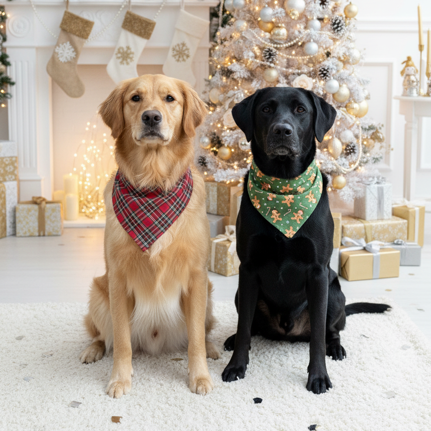 Two dogs sitting in front of a decorated Christmas tree and fireplace.
