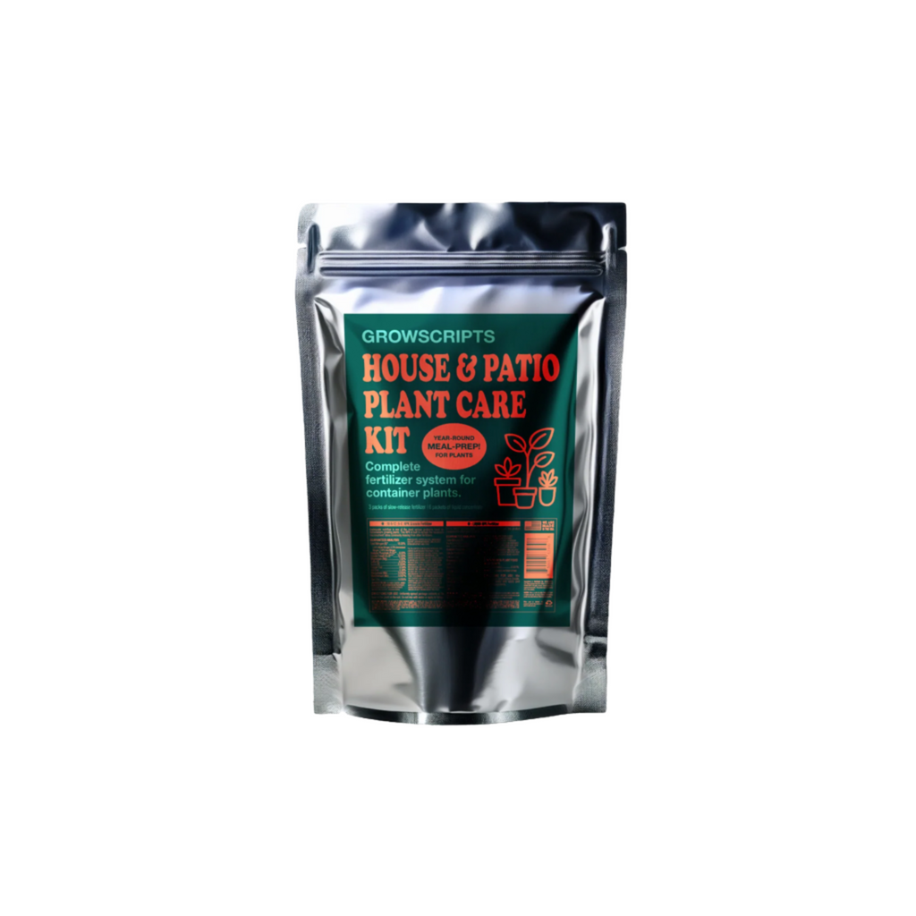 Growscripts house and patio plant care kit packaging on a white background