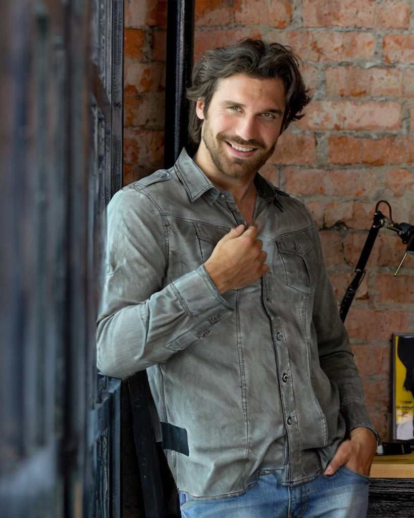 Zimego Men Stretch Roll-Up Sleeve Color Washed Vintage Rugged Fashion Button Shirt