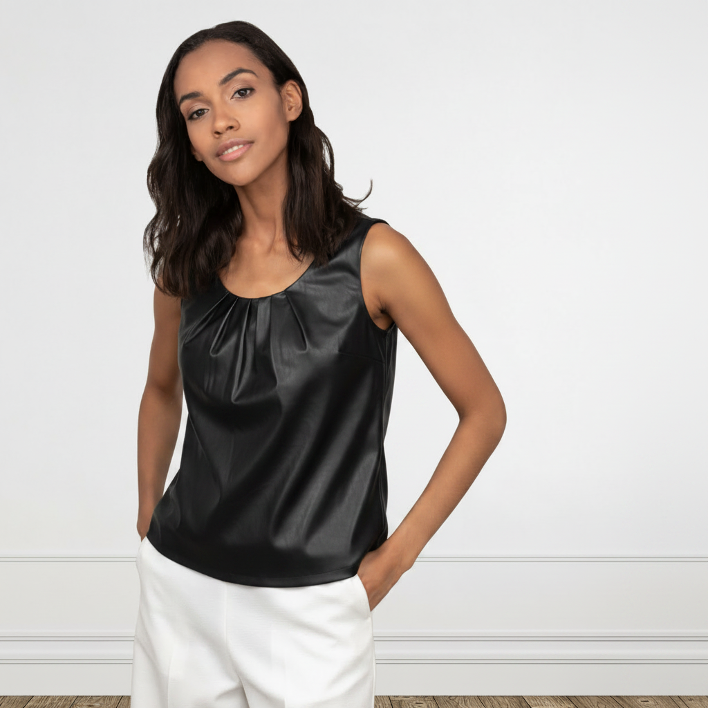 New With Tags Pre-Owned Calvin Klein Vegan Leather Sleeveless Top Vest - Black
