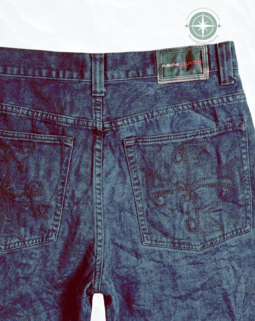 The FUBU Vintage Y2K Embroidered Pocket Dark Wash Denim Shorts
