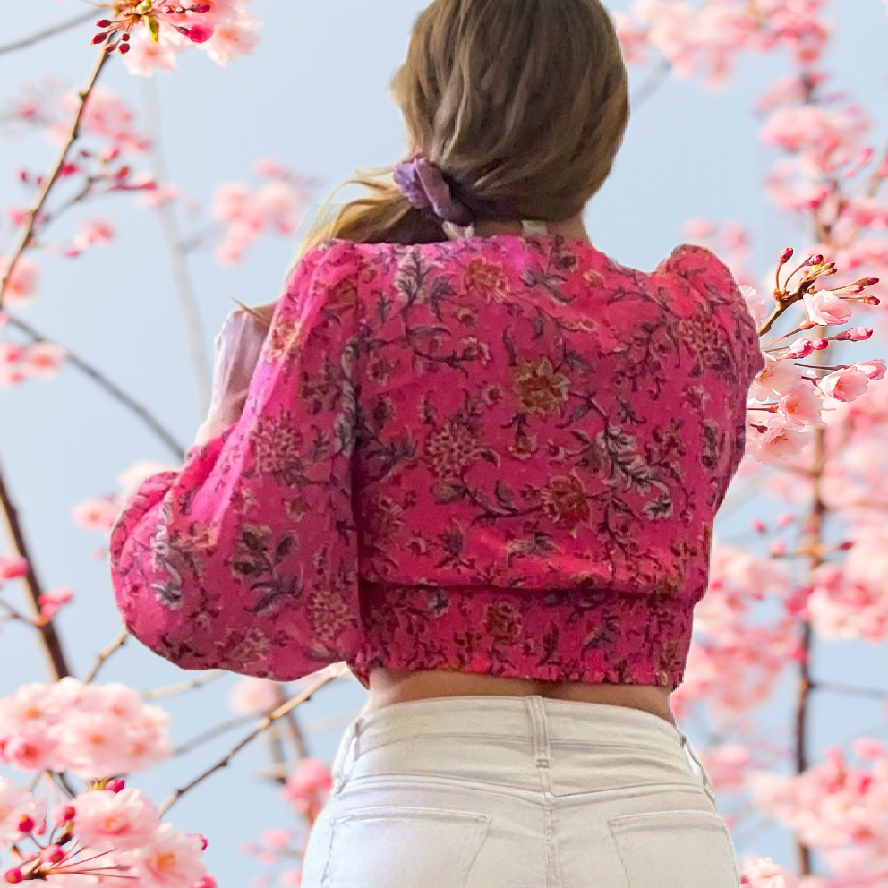 Joie Surplice Front Balloon Sleeve Blouse Top - Pink Floral