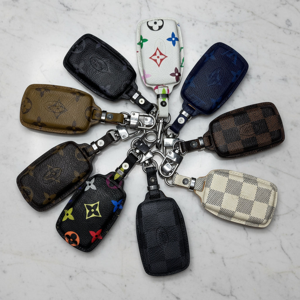 Collection of various keychains on a marble surface