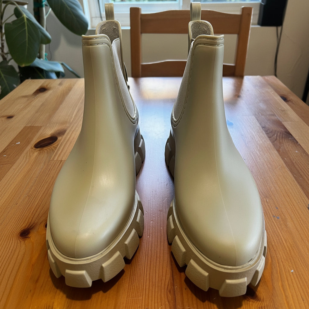 Pair of beige rubber boots on a wooden table with a chair in the background.