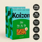 Kaizen Ziti pasta package with nutritional information on a light blue background