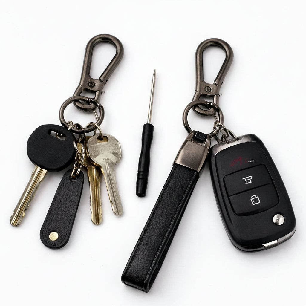 A black leather keychain organizer shown with keys, a car key fob, and a small screwdriver on a white background, with text reading 'Perfect as a Keychain or FOB Holder'.