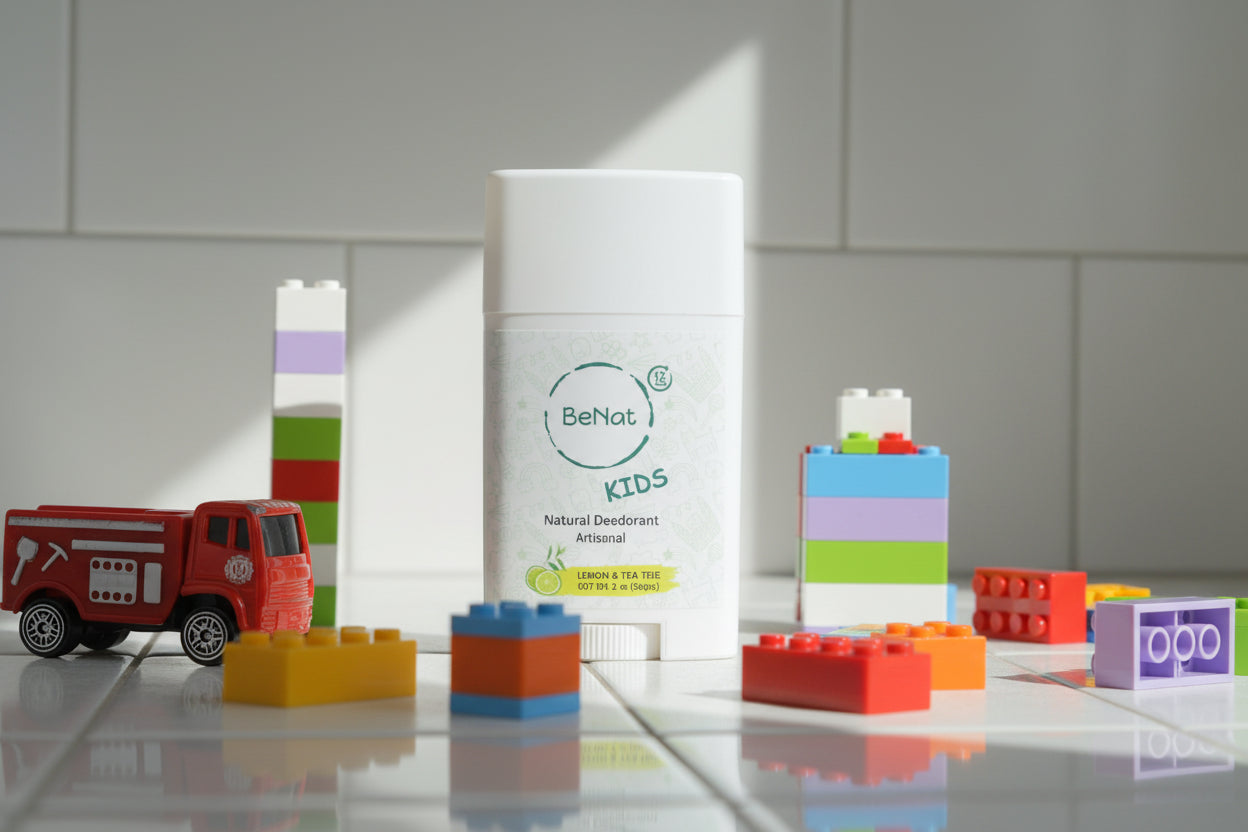 Colorful building blocks and a toy truck on a white surface with a Behat Kids product box in the background.
