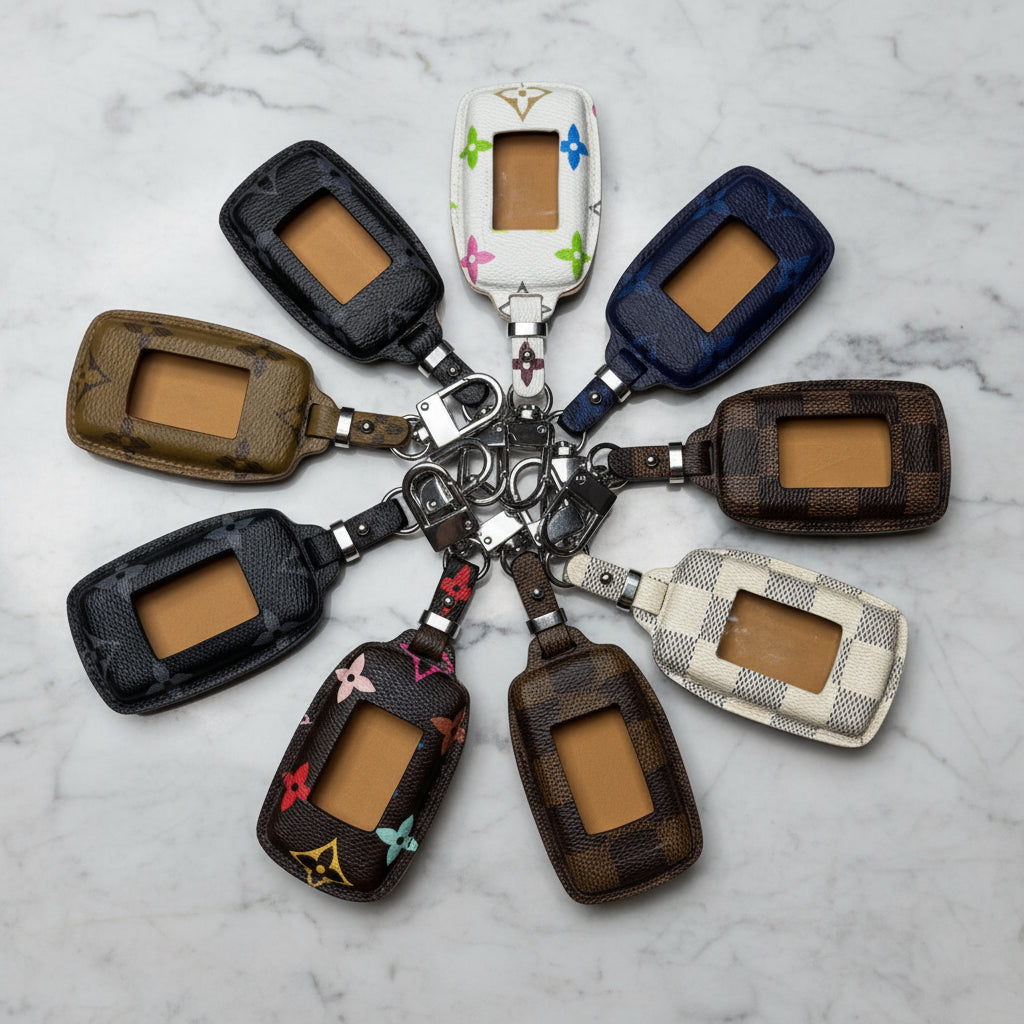 Collection of various keychain fobs on a marble surface