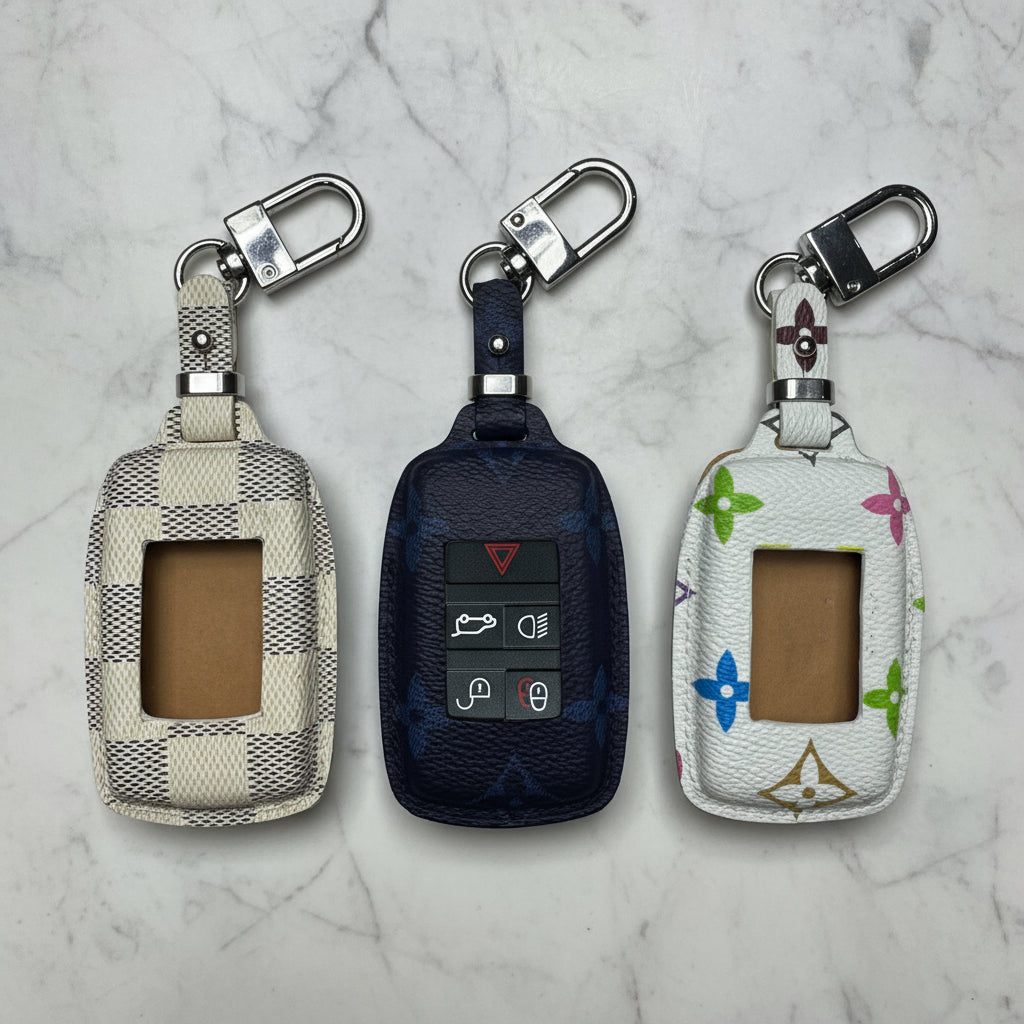 Three key fobs with different designs on a wooden surface