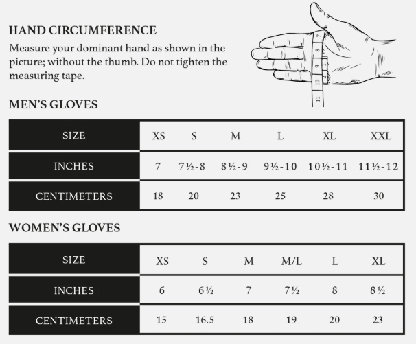 Hand measurement guide for gloves showing a hand illustration and sizing tables for men's and women's gloves with sizes XS through XL and inch/centimeter measurements.
